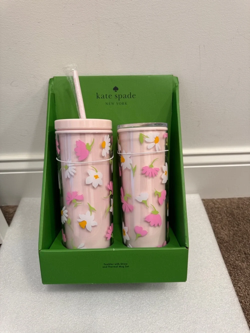 kate spade Pink Floral Tumbler & Travel thermal Mug Set with Straw floral waltz - Picture 1 of 3